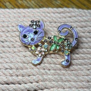 Purple Cat Brooch with Gem Accents